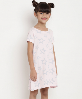 Organic Cotton A-Line Star Print Pink Dress
