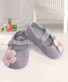 Baby Moo Floral Applique Grey And Peach Booties