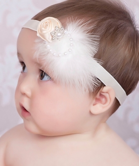 Ivory Satin Rose With Marabou Feather And Rhinestone Flower
