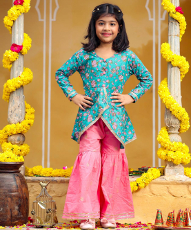 Green Floral Top With Pink Sharara