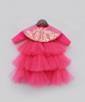 Hot Pink High Low Gown With Sequined Cape