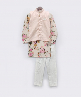Floral Print Kurta With Peach Jacket And Pants