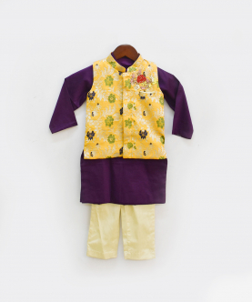 Yellow Brocade Jacket With Purple Kurta And Chudidar