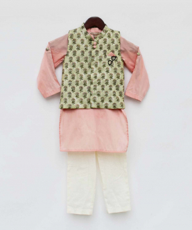 Green Print Jacket With Peach Kurta Set