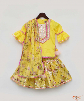 Yellow Kurti With Kotta Print Fabric Sharara And Dupatta