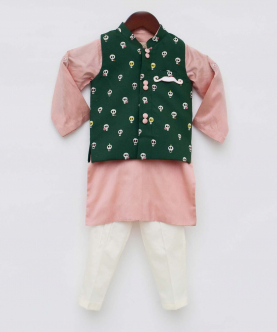Green printed Jacket With Peach Kurta And Pant