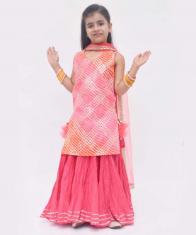Pink Leheriya Kotta Kurti With Coral Ghagra Skirt