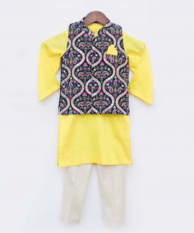 Blue Embroidery Velvet Jacket With Yellow Kurta Set