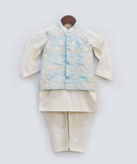 Blue Embroidery Jacket With Off White Kurta Chudidar