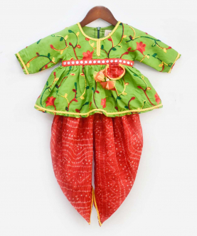 Green Embroidery Peplum With Red Dhoti