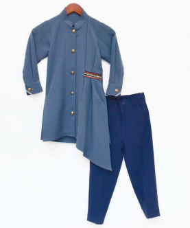 Grey Asymmetrical Kurta With Blue Pant Set