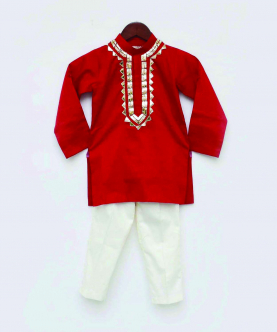Red Cotton Silk Kurta With Golden Embroidery And Off White Pant