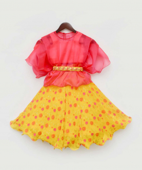 Yellow Georgette Lehenga With Pink Top And Organza Cape