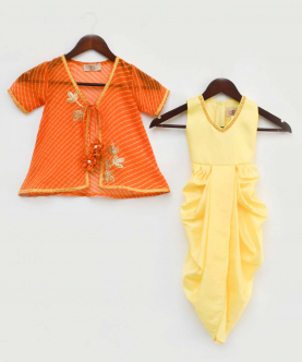 Yellow Dhoti Jumpsuit With Orange Leheriya Jacket