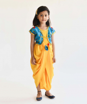 Yellow Georgette Dhoti Jumpsuit With Blue Embroidery Jack