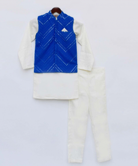 Blue Mirror Embroidery Jacket With Cotton Silk Kurta And Pant