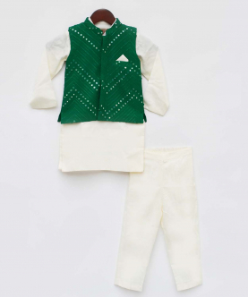 Green Mirror Embroidery Jacket With Cotton Silk Kurta And Pant