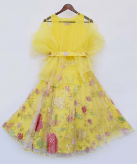 Yellow Embroidery Lehenga With Organza Cape