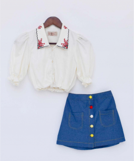 Off white Top With Denim Skirt