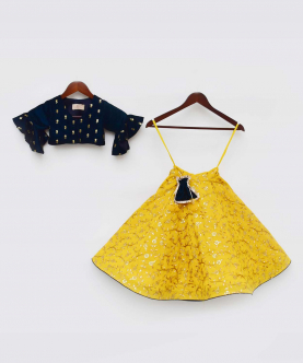 Blue Velvet Crop Top With Yellow Embroidery Lehenga