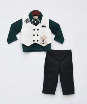 Green Shirt And Off White Waist Coat With Pant