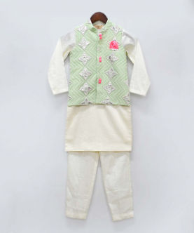 Sequins Embroidery Jacket And Green Kurta And Pant