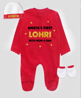 First Lohri With Mom & Dad Red Romper Set