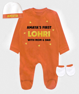 Personalised First Lohri With Mom & Dad Orange Romper Set