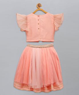 Peach Frilly Top With Double Layered Net Lehnga 