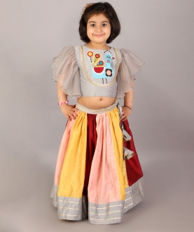 Grey Embroidered Blouse With Multicolored Lehnga