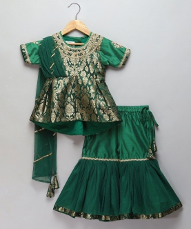 Green Brocade Sharara Set With Attached Dupatta