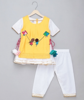 Kite Embroidered Yellow White Frock Pyjama Set