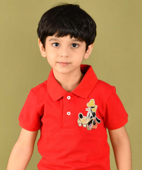 Red Boy Polo T-Shirt With Goofy Hand Embellishment