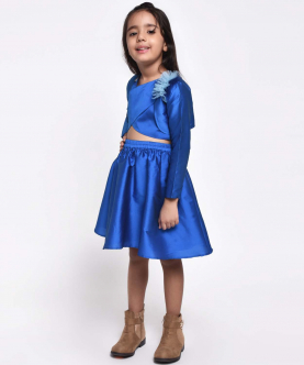 Flower Embelished Top And Flared Skirt With Full Sleeve Shrug-Blue