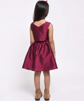 Flower Embelished Top And Flared Skirt With Full Sleeve Shrug-Maroon