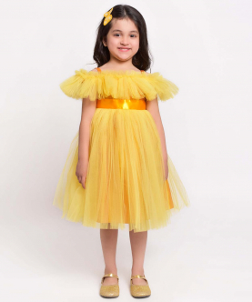 Fit And Flared Party Wear Dress-Yellow