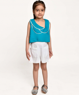 Jelly Jones Lace Emblished Top With White Shotrs-Turquoise Blue