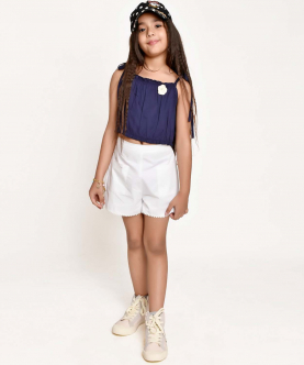 Jelly Jones Flower Emblished Top With White Shorts-Navy