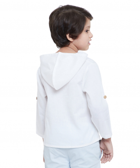Hooded White Linen Shirt With Roll Up Sleeves