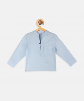 Powder Blue Linen Shirt With Mandarin Collar