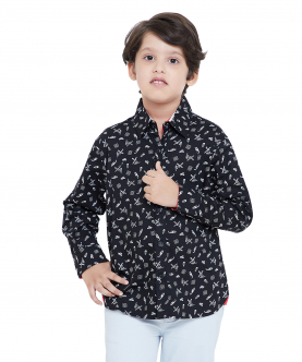 Black Printed Cotton Shirt With Contrast Detailing
