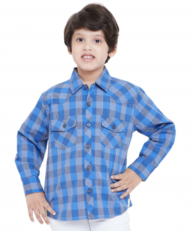 Blue And Grey Check Cotton Shirt With Contrast Cuffs