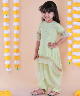 Lime Green High-Low Embroidered Kurta Patiala