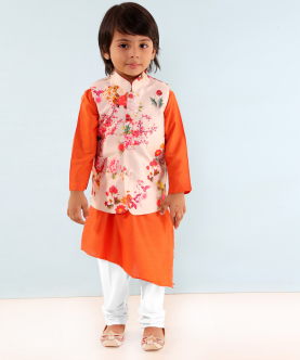 Floral Print Jacket With Orange Kurta Set