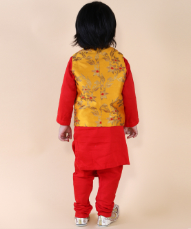 Yellow Brocade Jacket With Red Drape Kurta Set