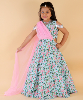 Floral Print Gown With Pink Drape Dupatta