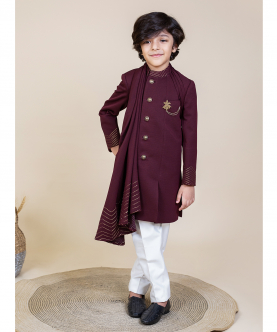 Angrakha Indowestern Jacket With Drape Teamed With Off White Trousers