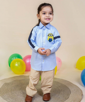 Sky Blue Shirt With Minion Embroidery Teamed With Beige Pants
