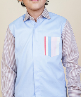 Sky  Blue Shirt With Brown And White Striped