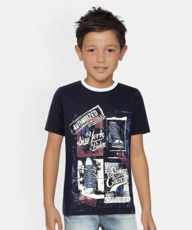 Boys Navy Blue Printed Mercerised Cotton T-Shirt